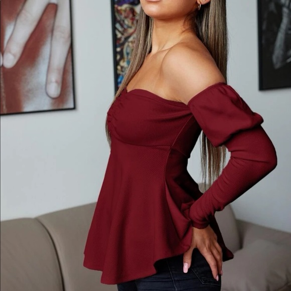 Peplum off shoulder top burgundy puff sleeve womens sexy sweater long sleeve - Picture 2 of 4